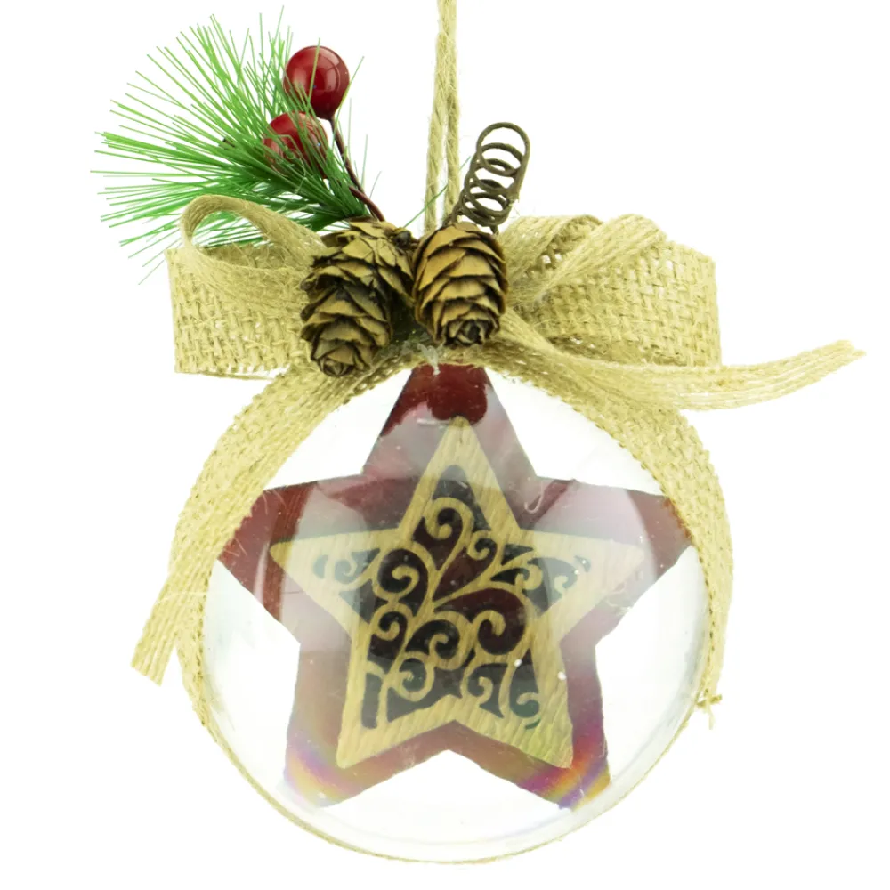 Online Christmas Forever BALL CLEAR 75MM CLEAR W/ STAR RED/NAT BURLAP BOW