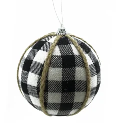 Christmas Forever BALL FABRIC BLACK WHITE 4″ CHECK FABRIC W/ JUTE ROPE