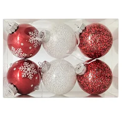 Online Christmas Forever BALL 6PC 75MM RED & WHITE DECORATED