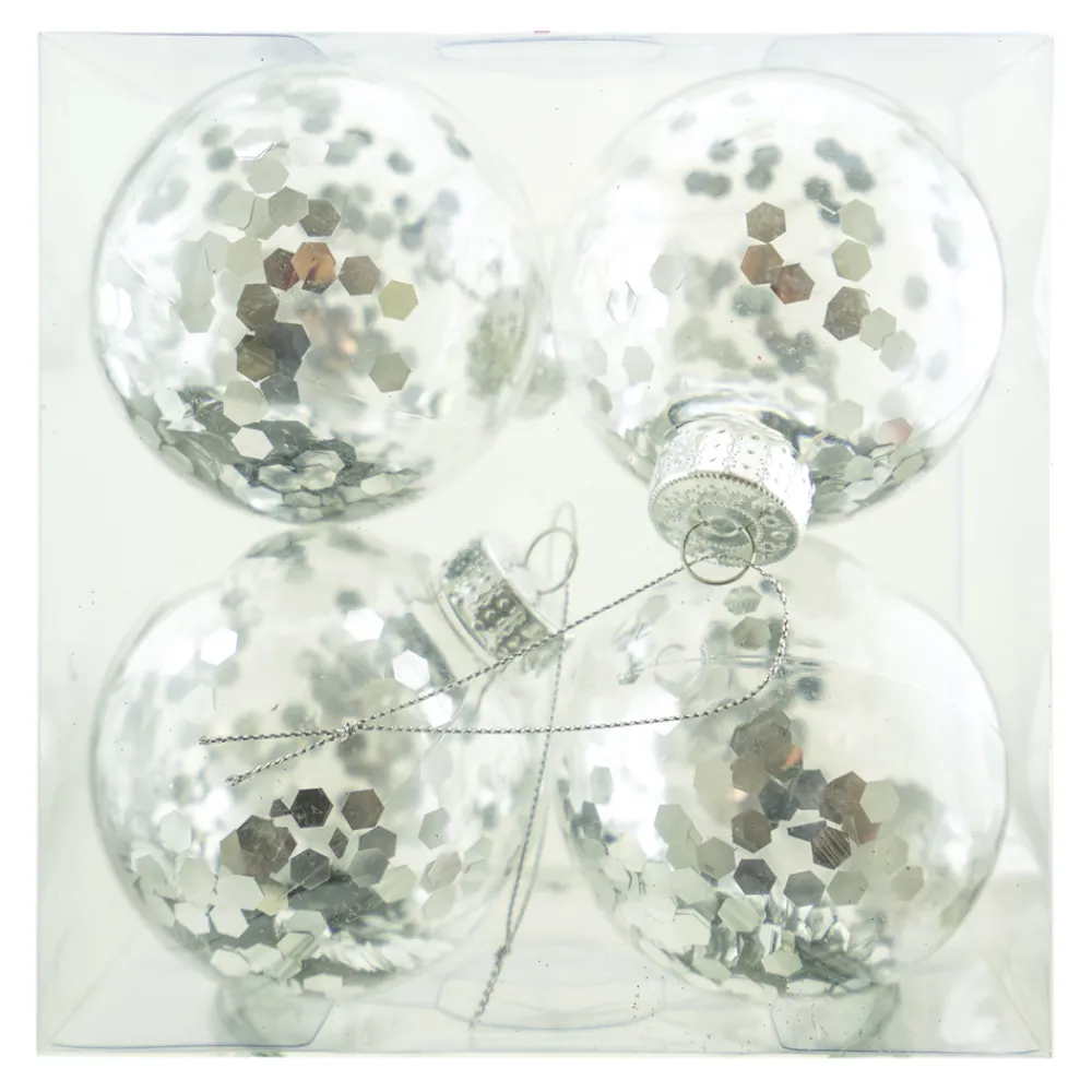 Online Christmas Forever BALLS BOXED 4PC 80MM CLEAR W/SILVER SEQUIN