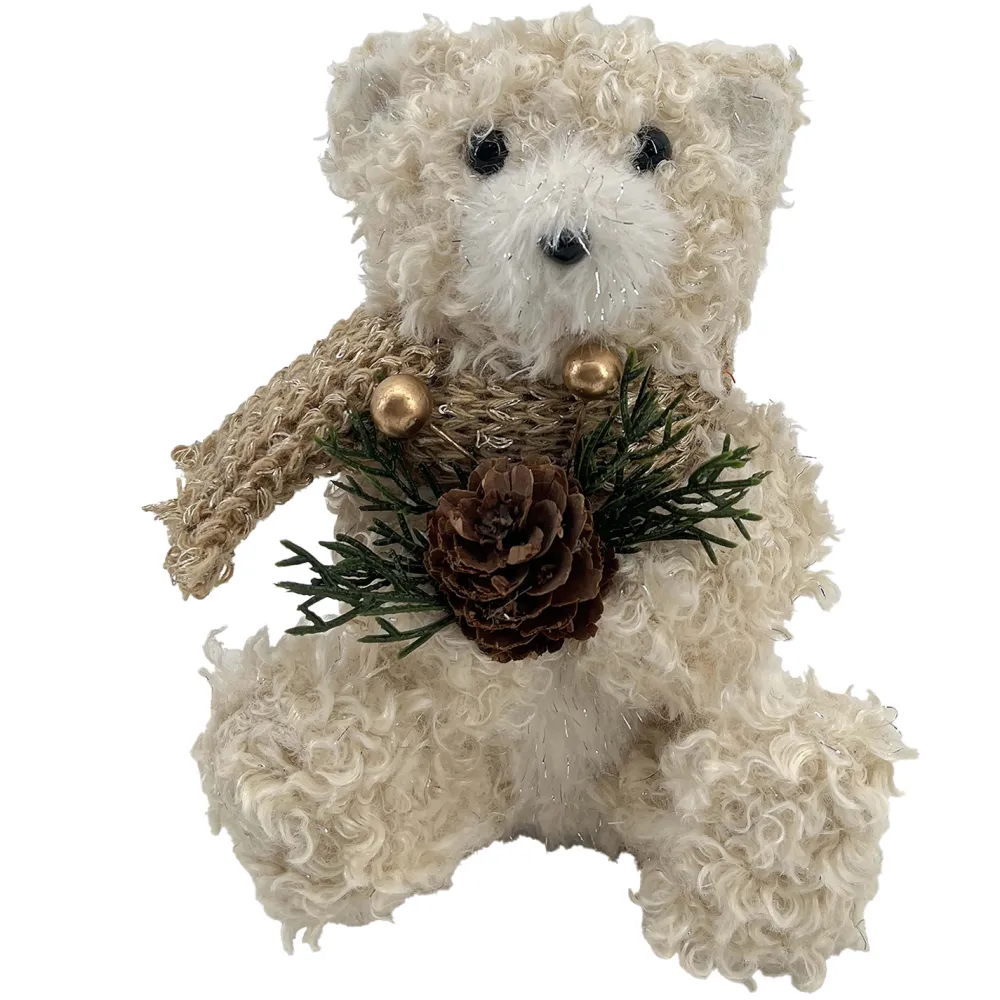 Christmas Forever BEAR BEIGE SHERPA SITTING 5″x6.5″ W/ SCARF, PINE & CONE