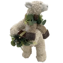Christmas Forever BEAR BEIGE SHERPA STANDING 8″x14″ W/ SCARF, NEEDLE PINE, CONE & EUCALYPTUS