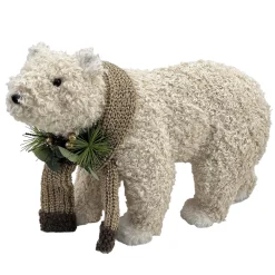 Christmas Forever BEAR BEIGE SHERPA WALKING 16.5″x11″ W/ SCARF, NEEDLE PINE, CONE & EUCALYPTUS