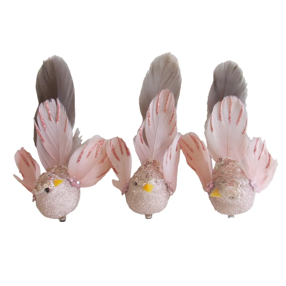 Best Christmas Forever BIRD PINK FEATHERS/FABRIC 6.5″ PINK GLITTER & BEADS W/ CLIP 3 ASSTD.