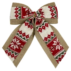 Hot Christmas Forever BOW BURLAP/KNITTED FABRIC RED/WHITE 10.5″ W/ NORDIC PRINT