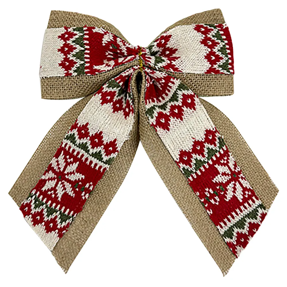 Hot Christmas Forever BOW BURLAP/KNITTED FABRIC RED/WHITE 10.5″ W/ NORDIC PRINT