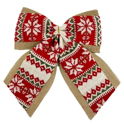 Clearance Christmas Forever BOW BURLAP/KNITTED FABRIC RED/WHITE 12″ W/ NORDIC PRINT