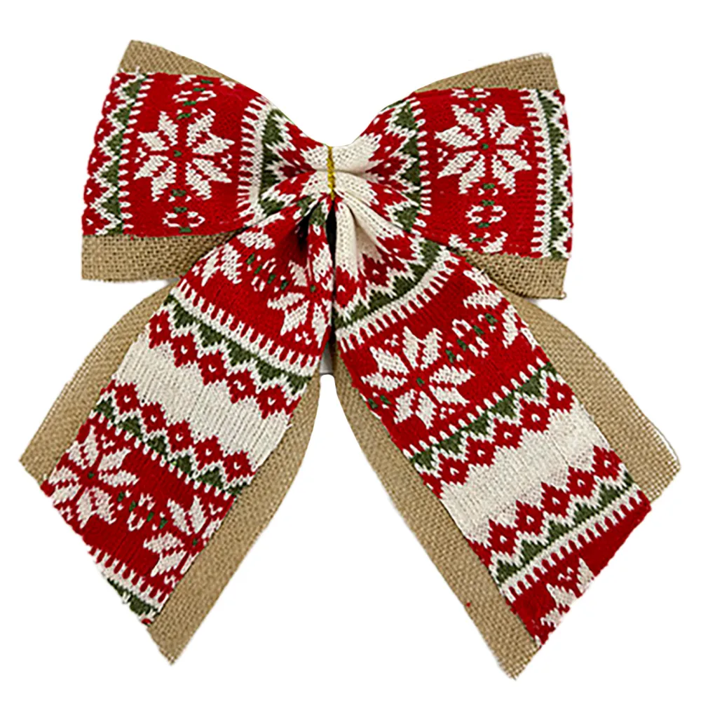 Clearance Christmas Forever BOW BURLAP/KNITTED FABRIC RED/WHITE 12″ W/ NORDIC PRINT