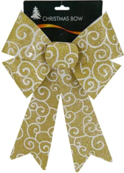 Discount Christmas Forever BOW GOLD/ WHITE GLITTER 9″ X 14″ SWIRL PATTERN
