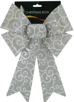 Hot Christmas Forever BOW SILVER/ WHITE GLITTER 9″ X 14″ SWIRL PATTERN