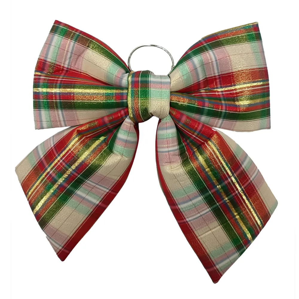 Hot Christmas Forever BOW SPONGE/ FABRIC 13.5″ RED/ GOLD/ GREEN PLAID