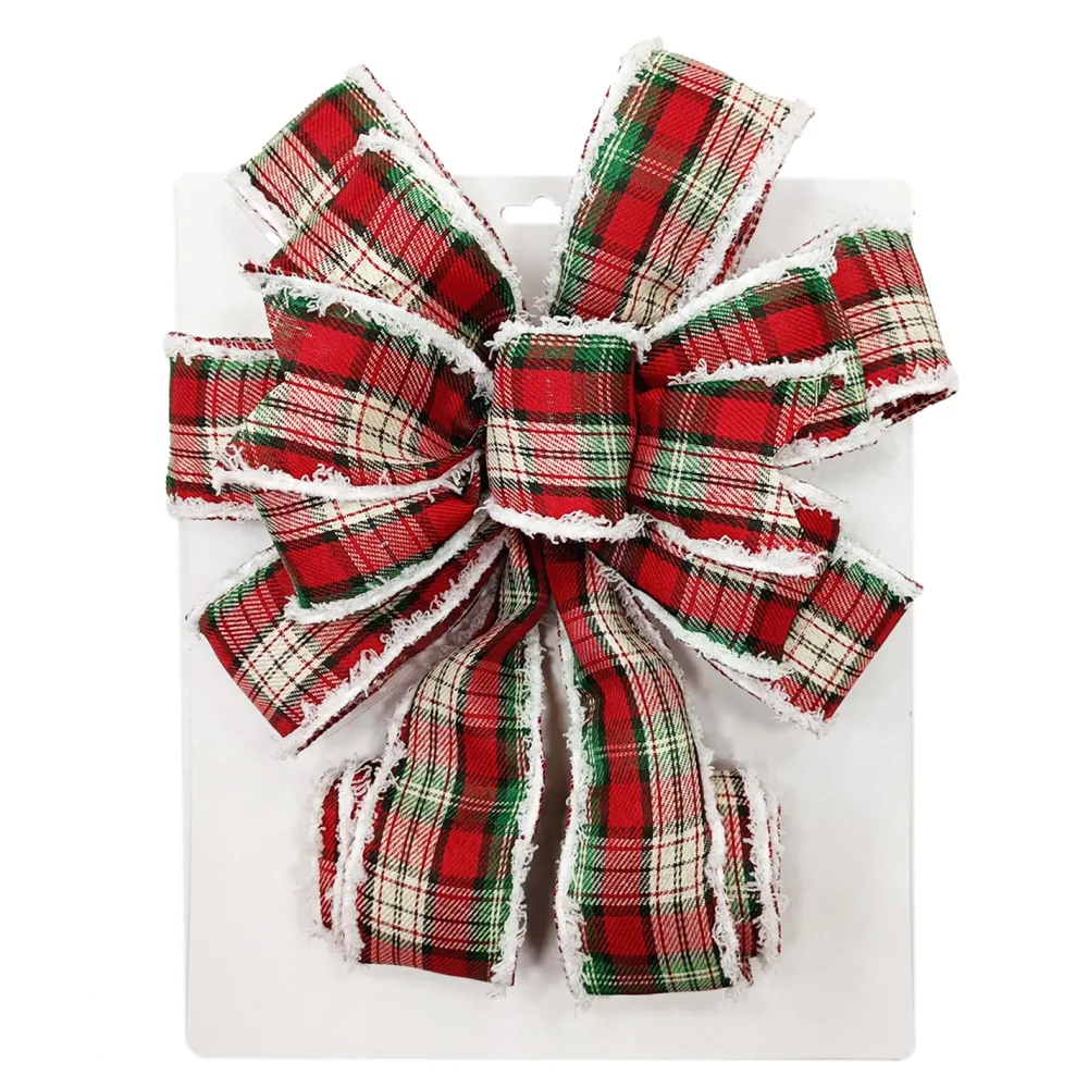 Best Christmas Forever BOW TREE TOPPER 11″ X 31″ RED/GOLD COLORFUL PLAID WITH VELVET TRIM