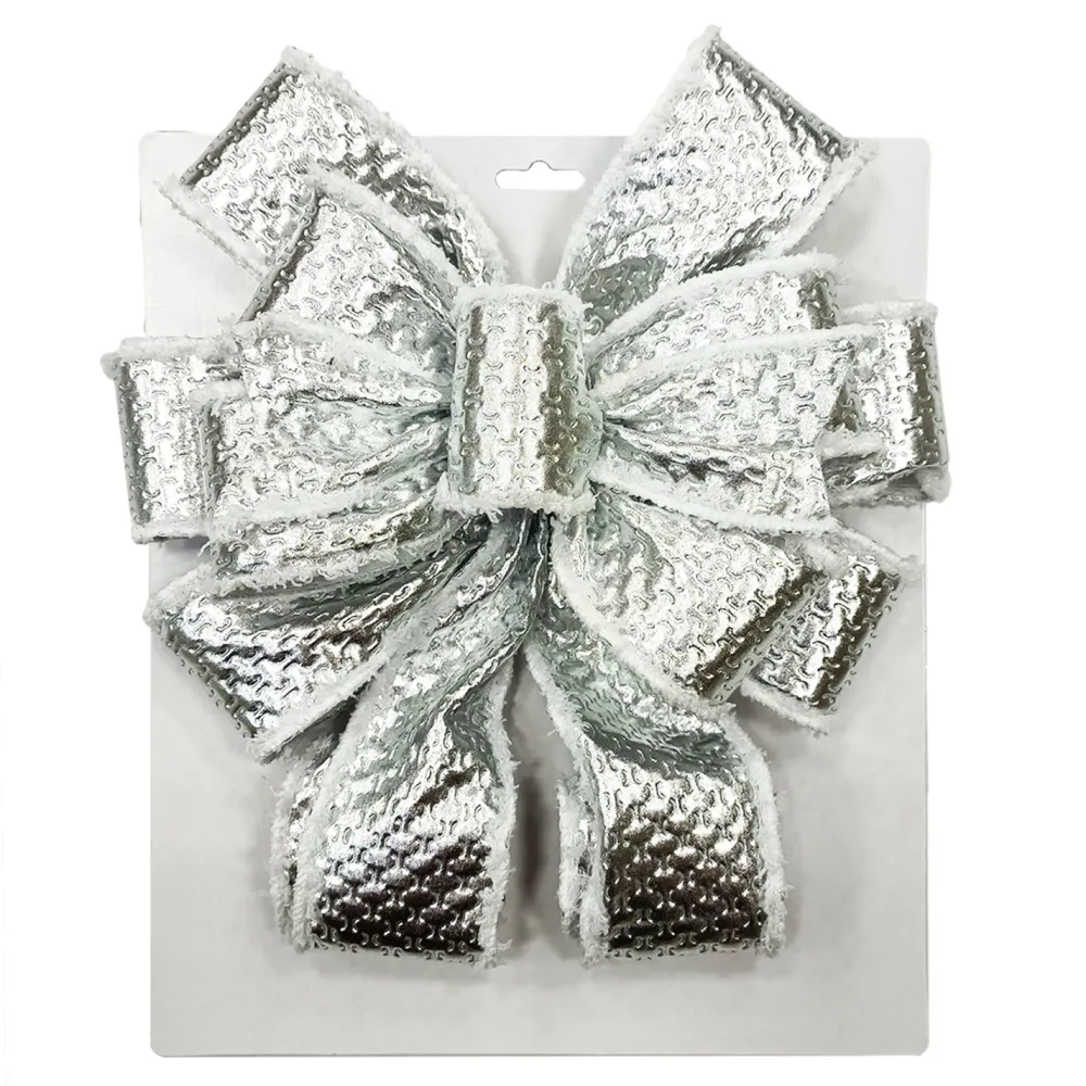 Hot Christmas Forever BOW TREE TOPPER 11″ X 31″ SHINY SILVER WITH VELVET TRIM