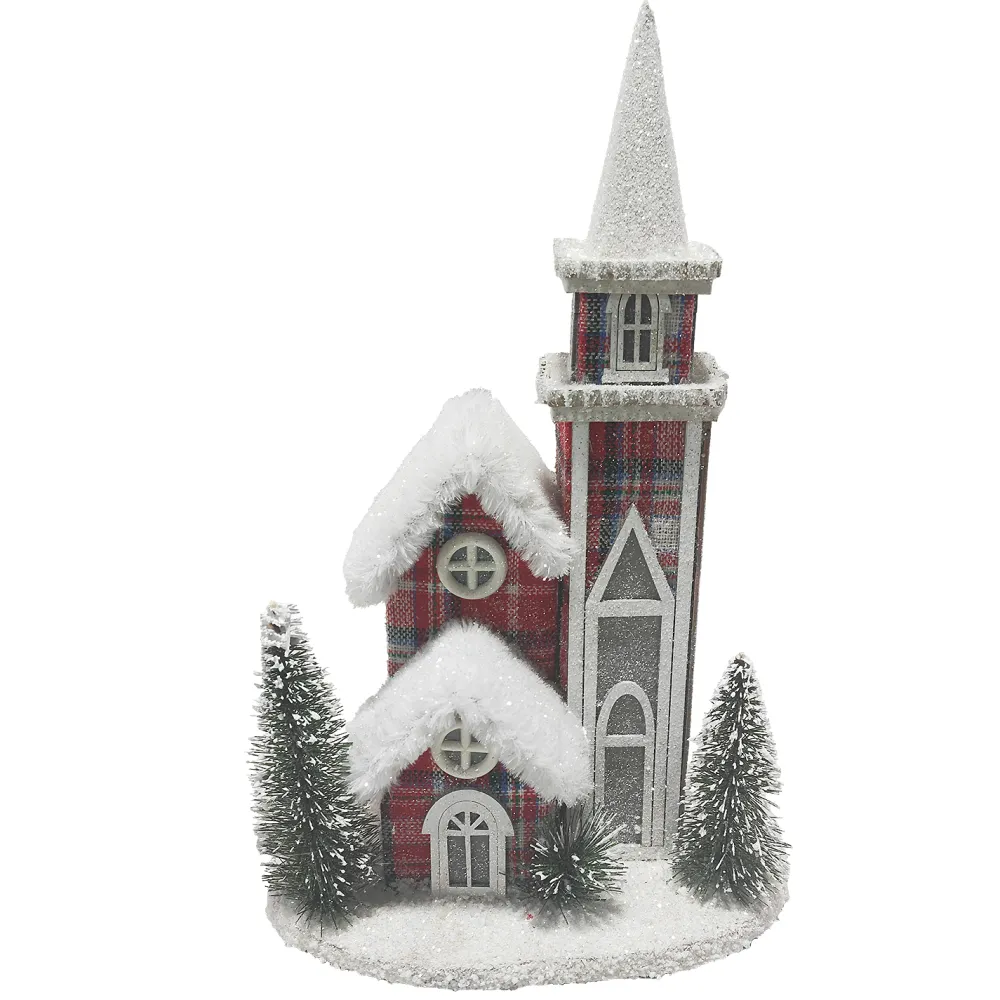 Discount Christmas Forever COTTAGE HOUSE 9″x14″ RED/PLAID W/ SNOW ROOF LED LIGHT-UP W/ TIMER