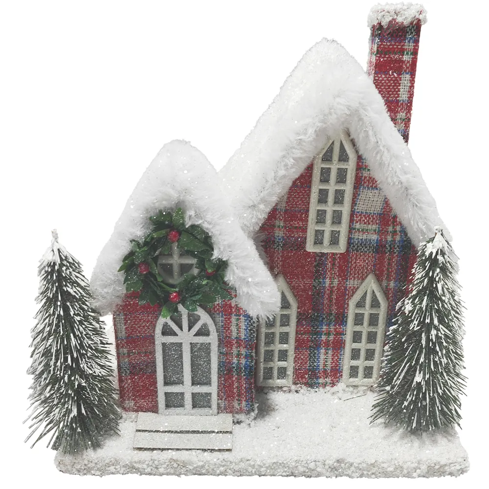Hot Christmas Forever COTTAGE HOUSE 9″x9″ RED/PLAID W/ SNOW ROOF LED LIGHT-UP W/ TIMER