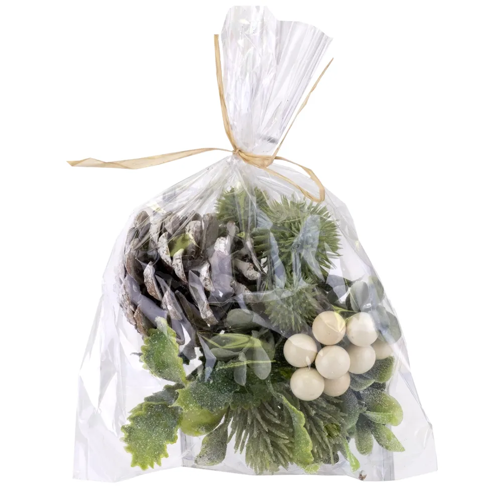 Hot Christmas Forever CRAFT BAG 5″X6″ FROSTED MIXED GREEN W/ WHITE BERRIES & PINE CONES