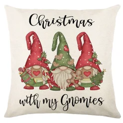 Clearance Christmas Forever CUSHION DECORATIVE 16″x16″ “CHRISTMAS WITH GNOMIES” IVORY RED/GREEN