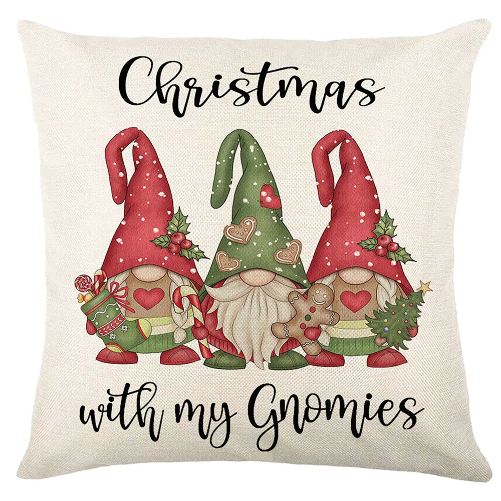 Clearance Christmas Forever CUSHION DECORATIVE 16″x16″ “CHRISTMAS WITH GNOMIES” IVORY RED/GREEN
