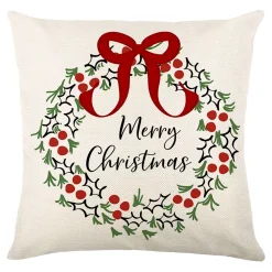 Clearance Christmas Forever CUSHION DECORATIVE 16″x16″ “MERRY CHRISTMAS” IVORY/RED/GREEN