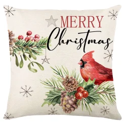 Outlet Christmas Forever CUSHION DECORATIVE 16″x16″ “MERRY CHRISTMAS” IVORY/RED/GREEN