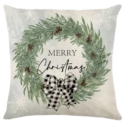 Hot Christmas Forever CUSHION DECORATIVE 16″x16″ “MERRY CHRISTMAS” IVORY/GREEN/BLACK