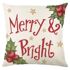 Discount Christmas Forever CUSHION DECORATIVE 16″x16″ “MERRY & BRIGHT” IVORY/RED/GREEN