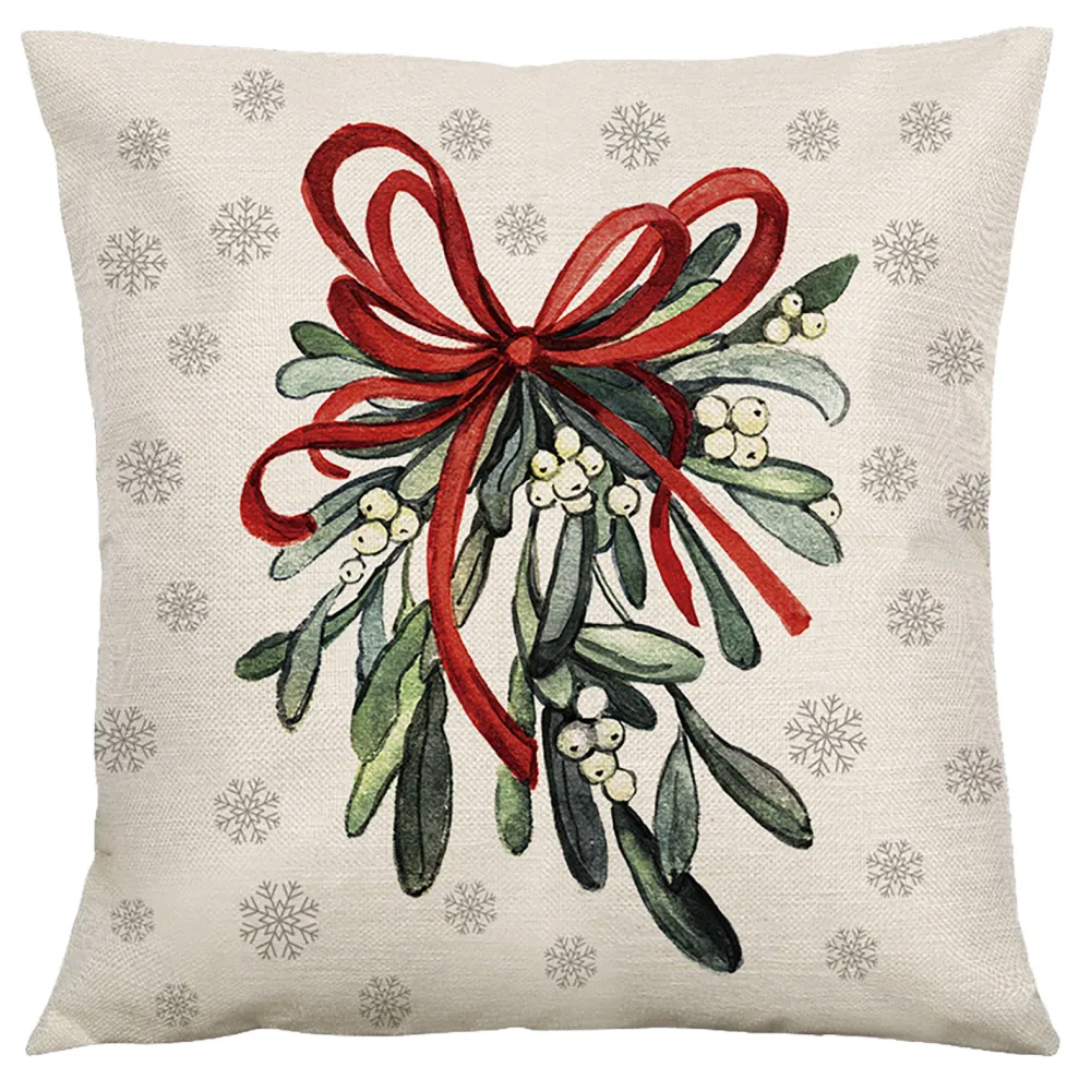 Clearance Christmas Forever CUSHION DECORATIVE 16″x16″ MISTLETOE IVORY/GREEN/RED