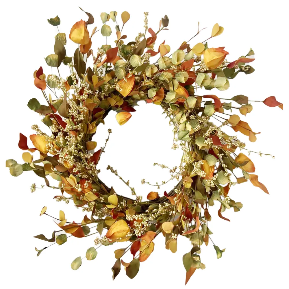 Hot Christmas Forever FALL WREATH MIXED LEAF W/ MINI CLUSTER BERRIES 21.5″ ORANGE/MULTI