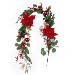 Sale Christmas Forever GARLAND GRN 60″ RED POINSETTIA / BERRY & BALLS