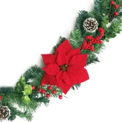 Discount Christmas Forever GARLAND RED POINSETTIA 60″ W/RED BERRIES EUCALYPTUS & CONES