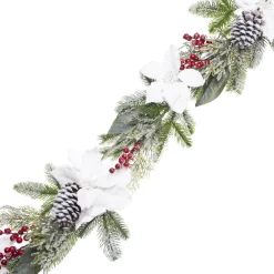 Outlet Christmas Forever GARLAND WHITE POINSETTIA 72″ FROSTED W/ MIXED GREENS & BERRIES W/ 2 PINE CONES