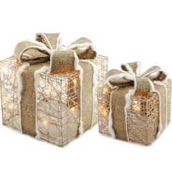 Hot Christmas Forever GIFT BOX CHAMP CTN & LINEN GLTR 8″/6″ W/ 30 LED /TIMER (SET OF 2)