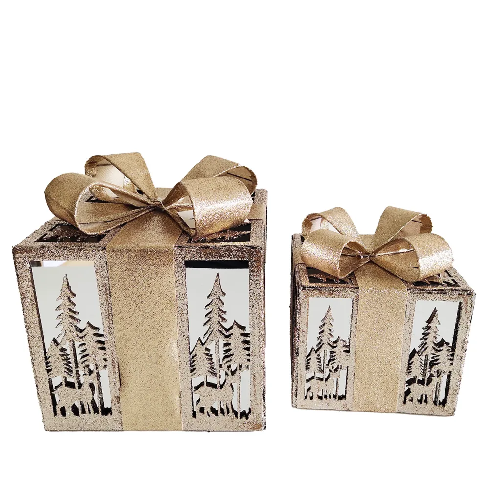 Hot Christmas Forever GIFT BOX TABLE DECOR 6″/8″ 2PC SET CHAMPAGNE GOLD W/ GLITTER BOW