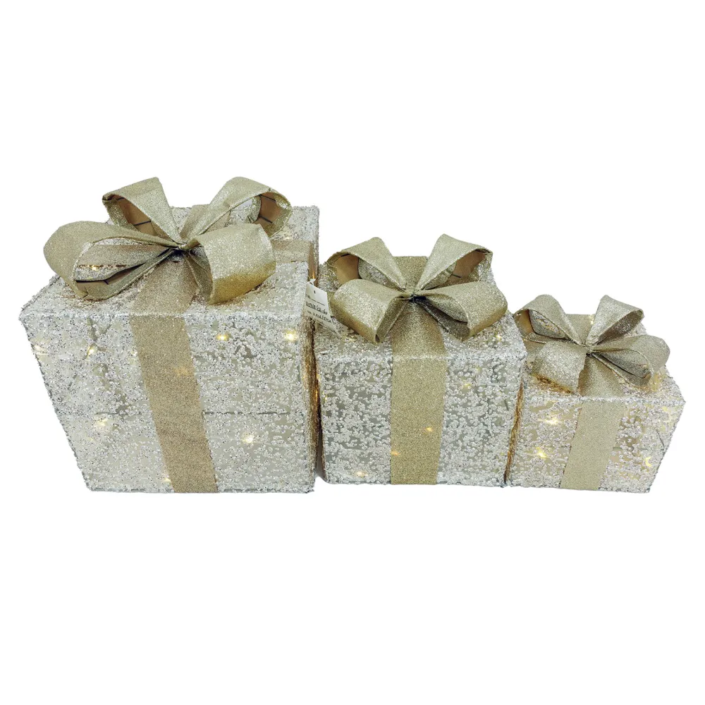 Discount Christmas Forever GIFT BOX TABLE DECOR 3PC SET 6”+10L/8”+20L/10″+20L CHAMPAGNE GOLD FABRIC W/ GLITTER & BOW W/ TIMER