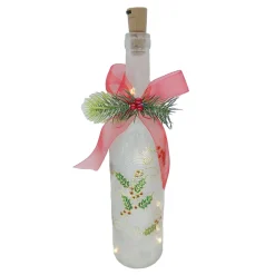 Hot Christmas Forever GLASS BOTTLE TABLE DECOR W/ 10 LED LIGHTS 11.5″ WHITE HOLY PATTERN