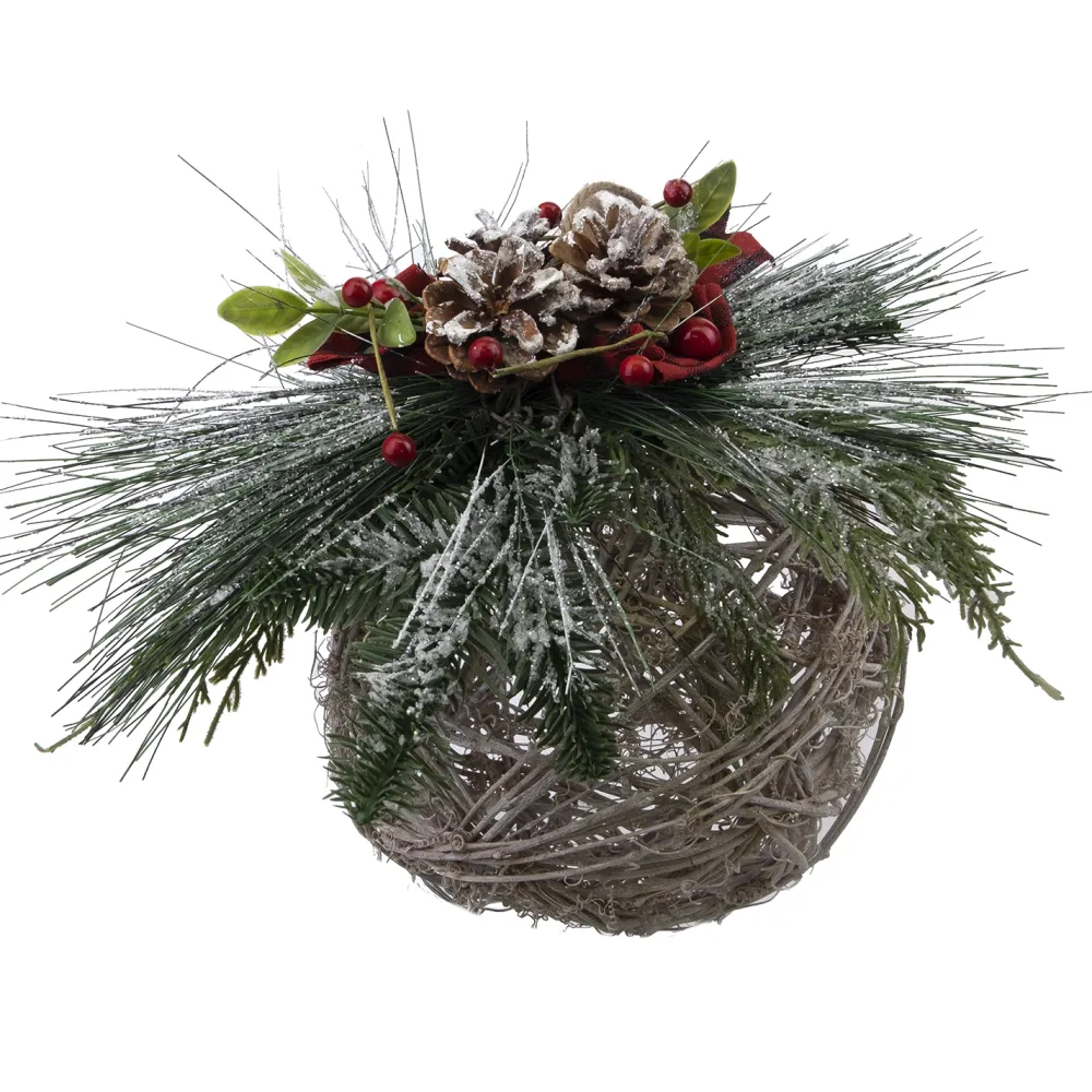 Clearance Christmas Forever HANGING BALL 8″ BROWN RATTAN W/ RED BERRIES FROSTED PINE & CONES W/ RED/ BLK PLAID BOW