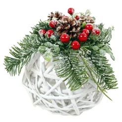 Online Christmas Forever HANGING BALL 8″ RATTAN W/ RED BERRIES AND PINE FROSTED