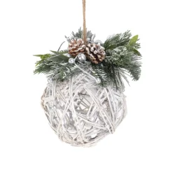 Best Christmas Forever HANGING RATTAN BALL FROSTED 6″ W/ NEEDLE PINE & PINE CONES