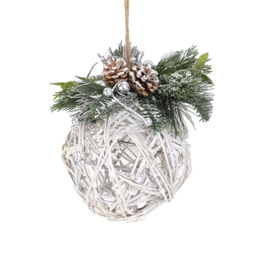 Best Christmas Forever HANGING RATTAN BALL FROSTED 6″ W/ NEEDLE PINE & PINE CONES