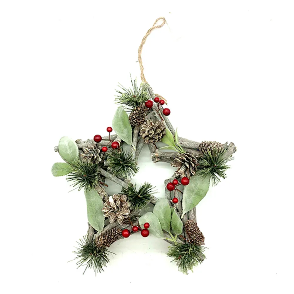 Hot Christmas Forever HANGING STAR 17″ RED BERRIES W/ NEEDLE PINE & CONES