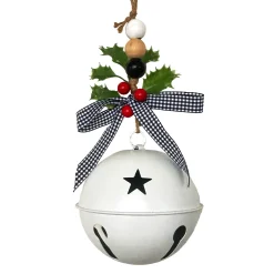 New Christmas Forever JINGLE BELL WHITE SHINY 5.5″ W/ RIBBON & HOLLY BERY HANGER
