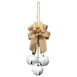 Clearance Christmas Forever JINGLE BELL WHITEx3 35MM W/ TAN RIBBON BOW & GOLD LVS./BERRIES