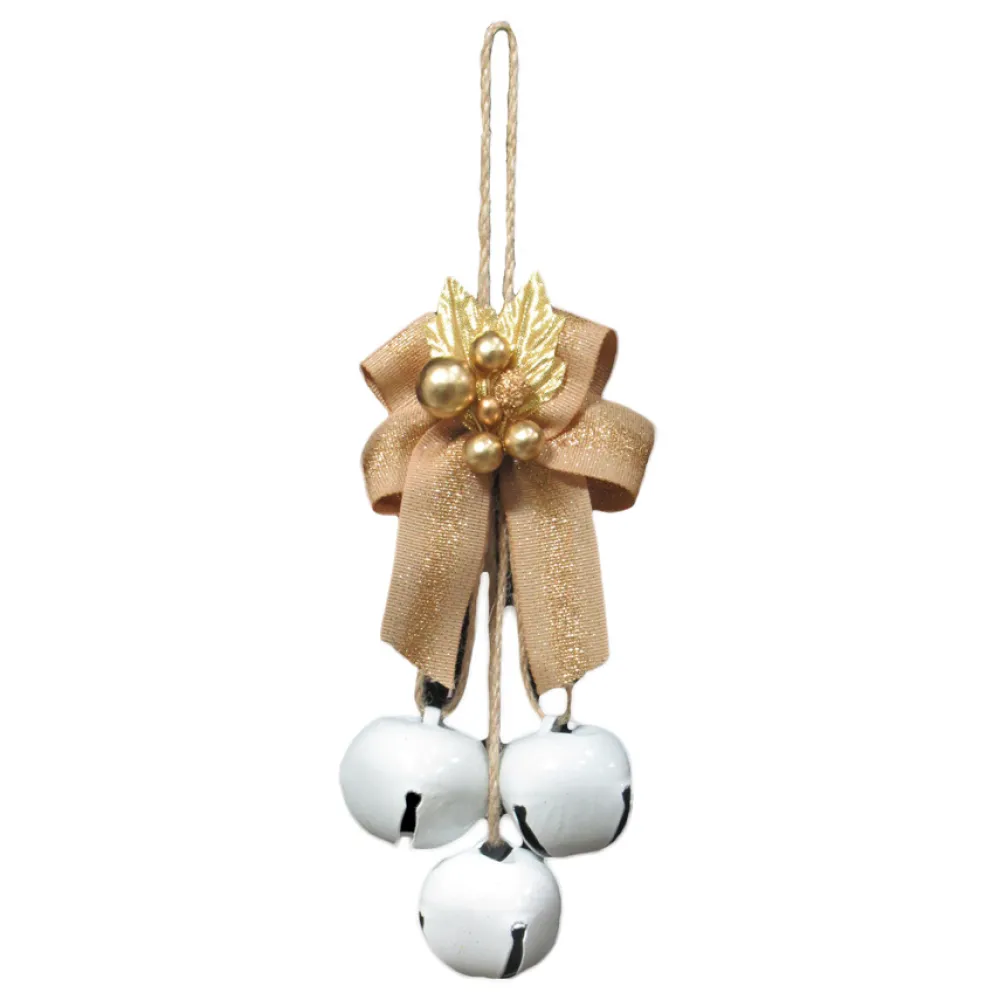 Clearance Christmas Forever JINGLE BELL WHITEx3 35MM W/ TAN RIBBON BOW & GOLD LVS./BERRIES
