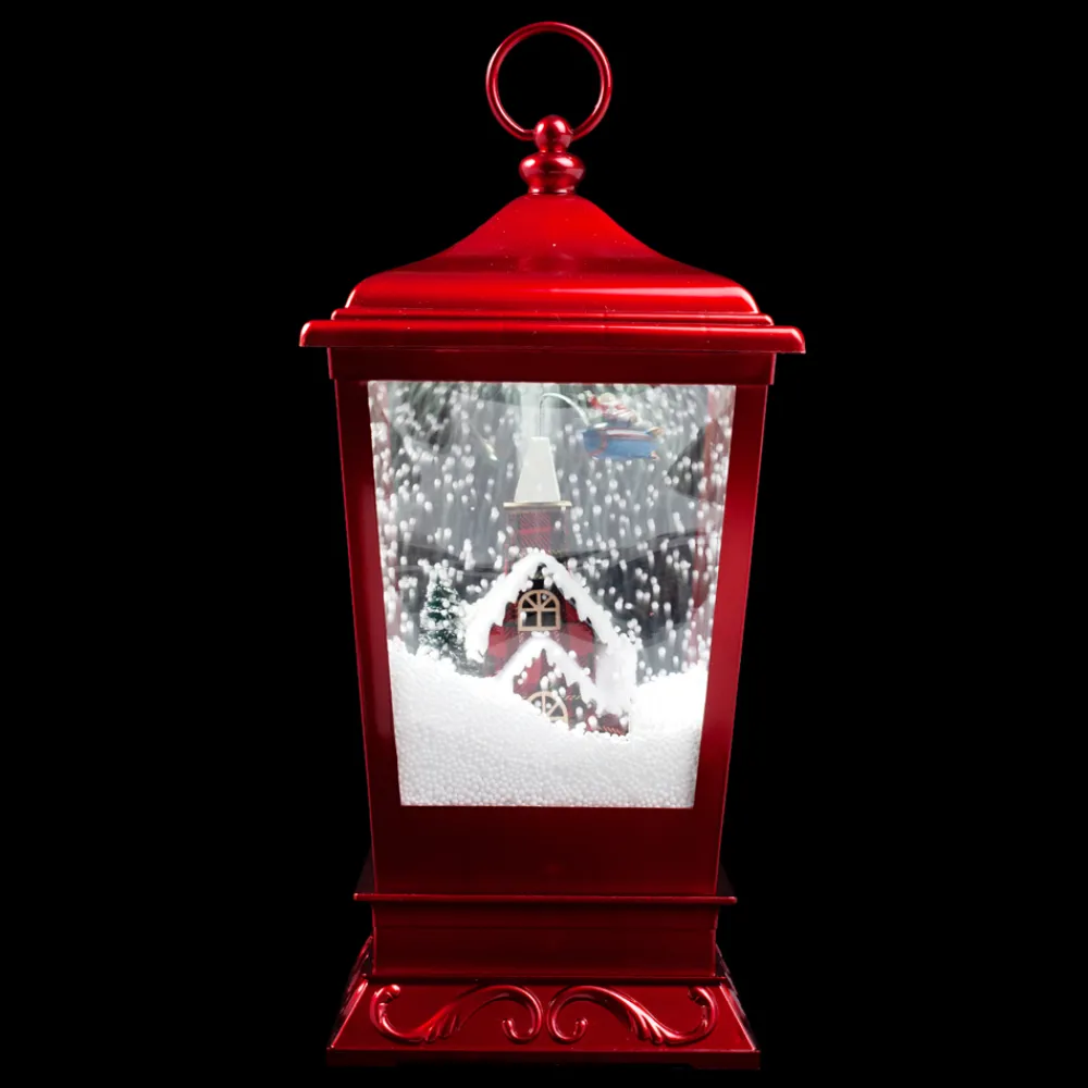 Best Christmas Forever LANTERN WITH HOUSE & SANTA ON PLANE SNOWING SCENE 15.75″