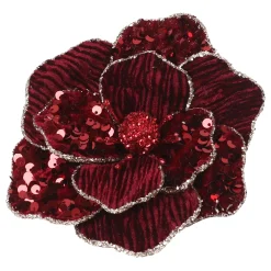 Outlet Christmas Forever MAGNOLIA HEAD BURGUNDY 6″ VELVET W/ SEQUIN & CLIP