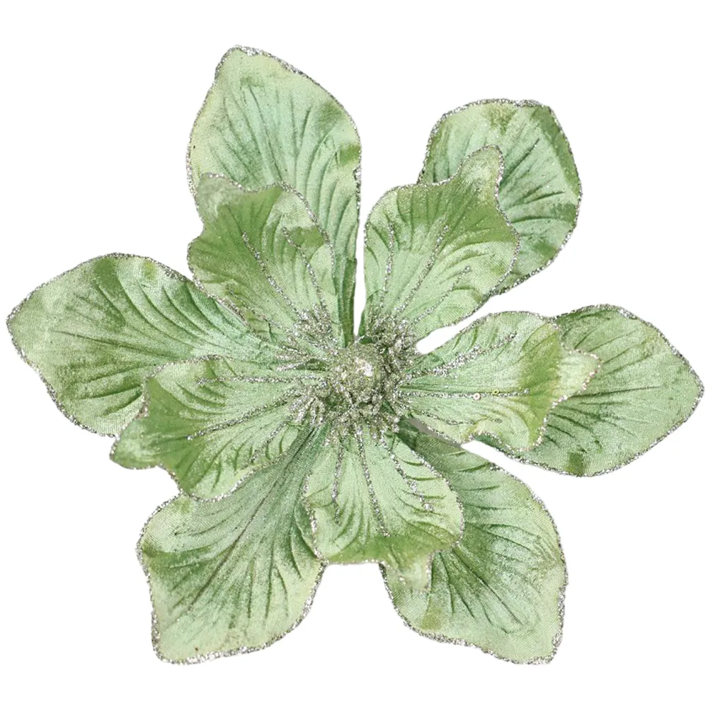 Discount Christmas Forever MAGNOLIA HEAD GREEN SAGE 10″ VELVET W/ SILVER GLITTER & CLIP