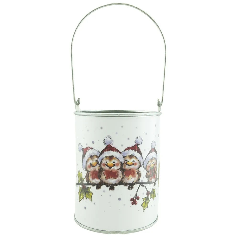 Clearance Christmas Forever METAL CAN 4.5″ WHITE W/BIRDS WITH SNOWMAN HAT ON BRANCH PICTURE