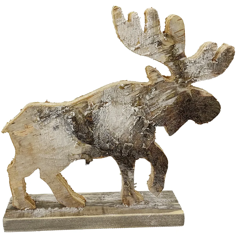 Clearance Christmas Forever MOOSE WOODEN TABLE DECOR 9.5″x9″ FROSTED NATURAL/BIRCH LOOK