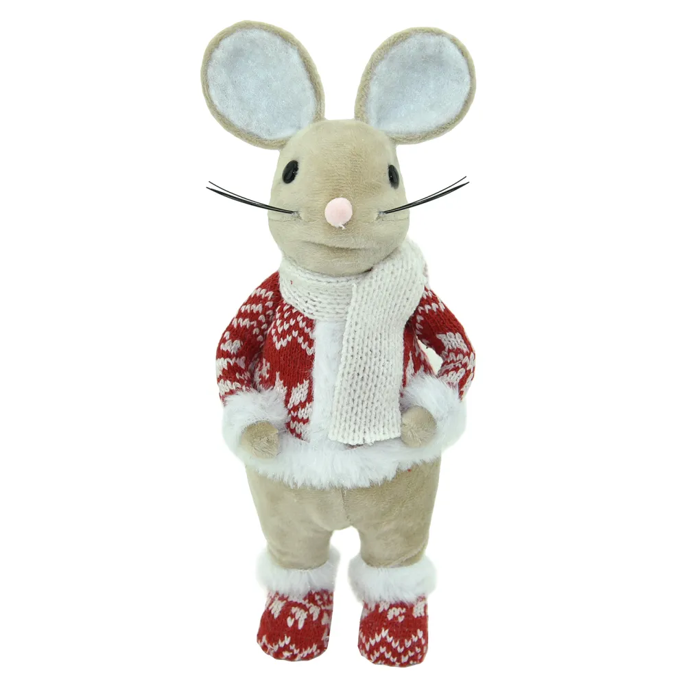Best Christmas Forever MOUSE BEIGE 10″STANDING BOY W/ RED NORDIC PRINT SWEATER & BOOTS