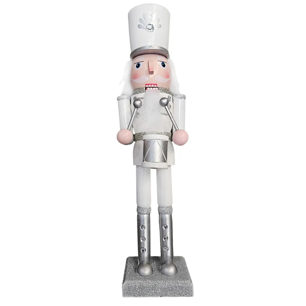 Sale Christmas Forever NUTCRACKER WOODEN STANDING 15″ WHITE/SILVER W/ DRUM